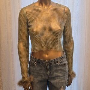 Sheer Mesh Long Sleeve Top with Fur Cuffs